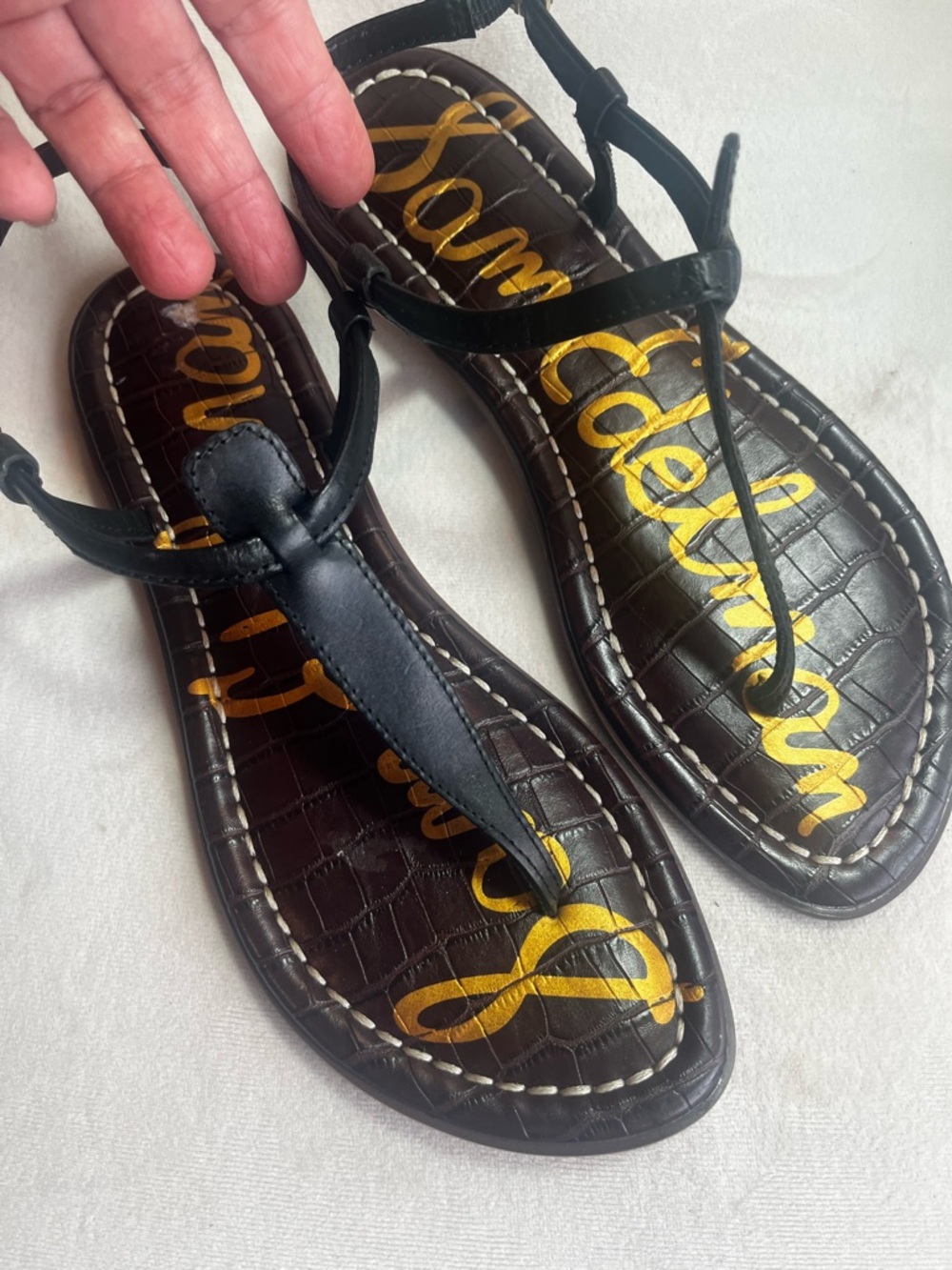 Sam Edelman Black T-Strap Croc-Embossed Sandals with Gold Logo